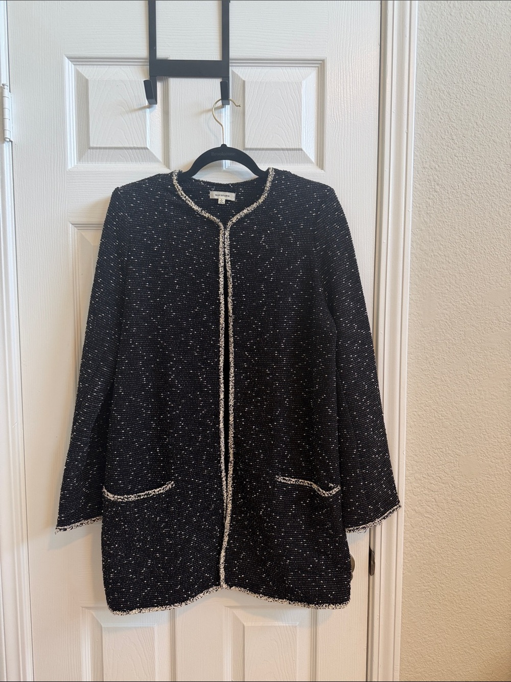 MAX STUDIO Tweed Long Sleeve Jacket Open-Front Cardigan with Cream Trim